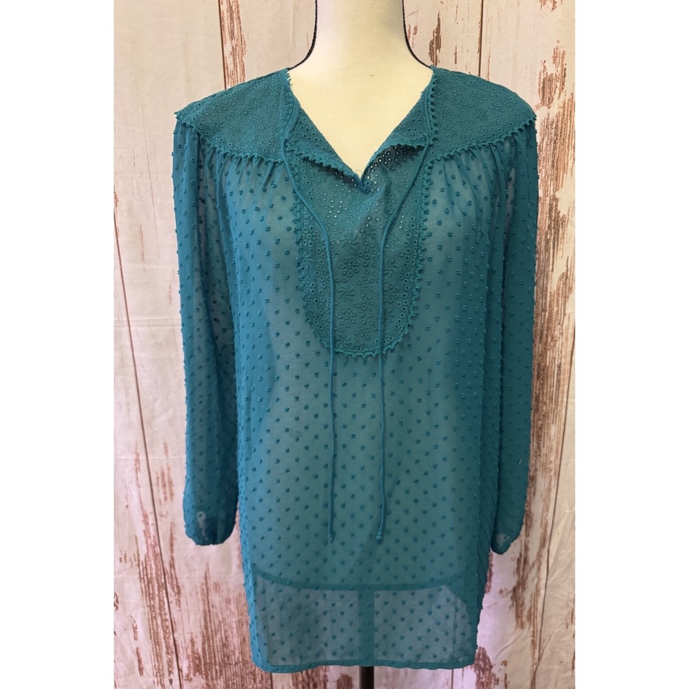 Matilda Jane Womens Size M Green Charisma Sheer Swiss Dot 3/4 Sleeve Shirt